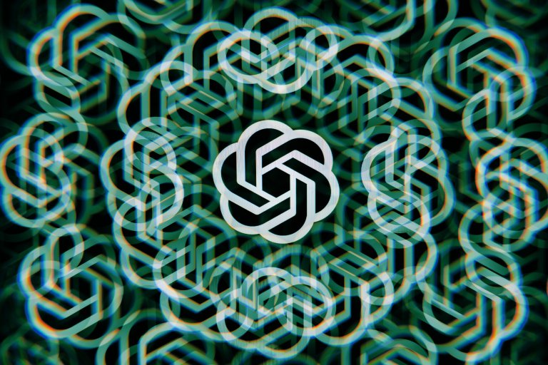 Multiple overlapping and blurred OpenAI logos in white on a dark background, creating a kaleidoscopic effect. The logos are arranged in a circular pattern with one clear logo in the center.