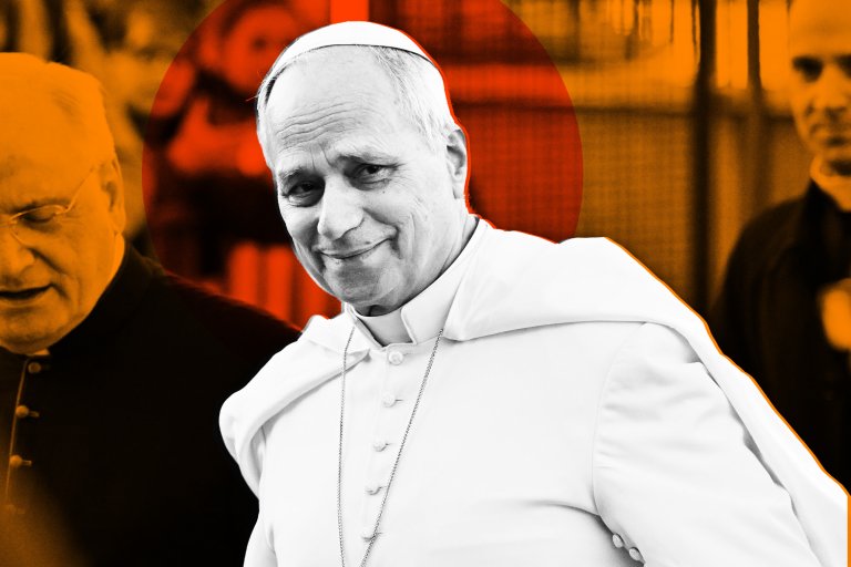 Pope Leo XIV is smiling, dressed in white papal robes and a white skullcap, with a chain necklace, is in the foreground. The background features two other men in dark clothing, with an orange and red color overlay. The central figure is highlighted with a white outline.