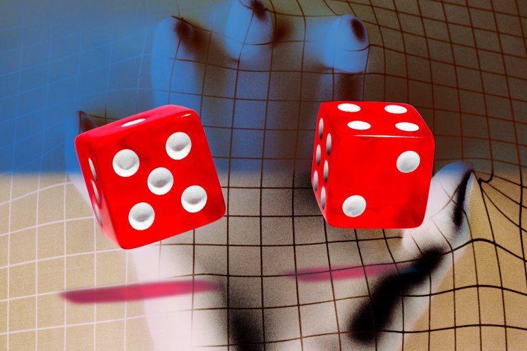 Two red dice with white dots are floating above a hand, which is covered by a grid-patterned fabric. The dice show the numbers five and four. The background features a gradient of blue and beige tones with the grid pattern continuing throughout.