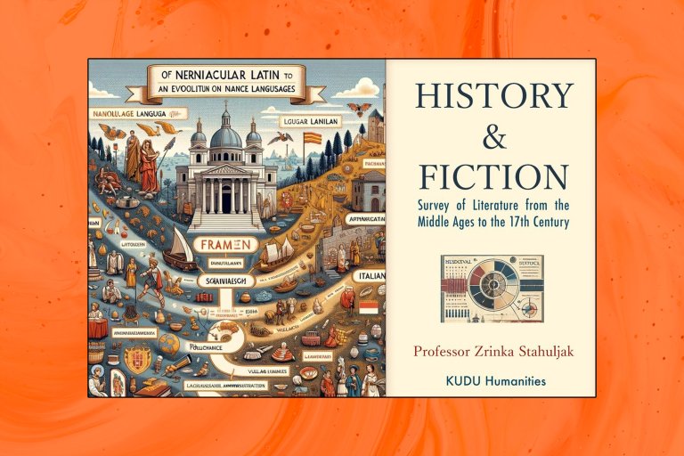 Book cover titled "History & Fiction: Survey of Literature from the Middle Ages to the 17th Century" by Professor Zrinka Stahuljak, published by KUDU Humanities. The left side features an illustrated map-like artwork depicting the evolution of Romance languages from Latin, with puzzling text such as "Of Nerniacular Latin to an Evoolitun on Nance Langusages" and names of languages like "Framen" and "Italian."