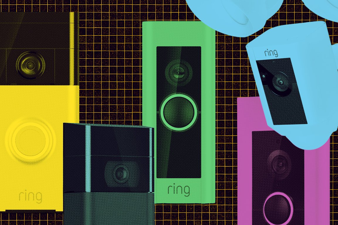 Several Ring video doorbells and security cameras are arranged against a black background with a yellow grid pattern. The devices are shown in various bright colors including yellow, green, blue, purple, and teal. Each device features a camera lens and a circular button. The word "ring" is visible on some of the devices.