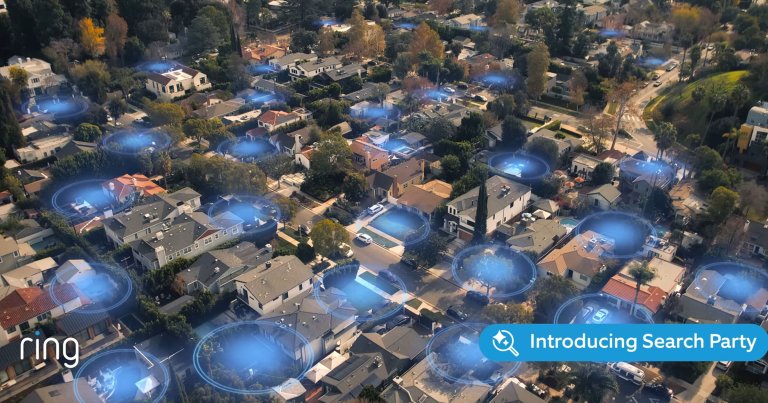Ring ad showing an aerial view of a suburban neighborhood with multiple houses and streets, overlaid with blue circular digital effects indicating surveillance or search zones. Text says "Introducing Search Party."