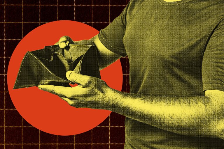 A person wearing a short-sleeve shirt is holding an open, empty wallet with both hands. The image has a stylized, textured effect with a yellowish tint on the person and wallet, set against a dark background with a red circle and a grid pattern.