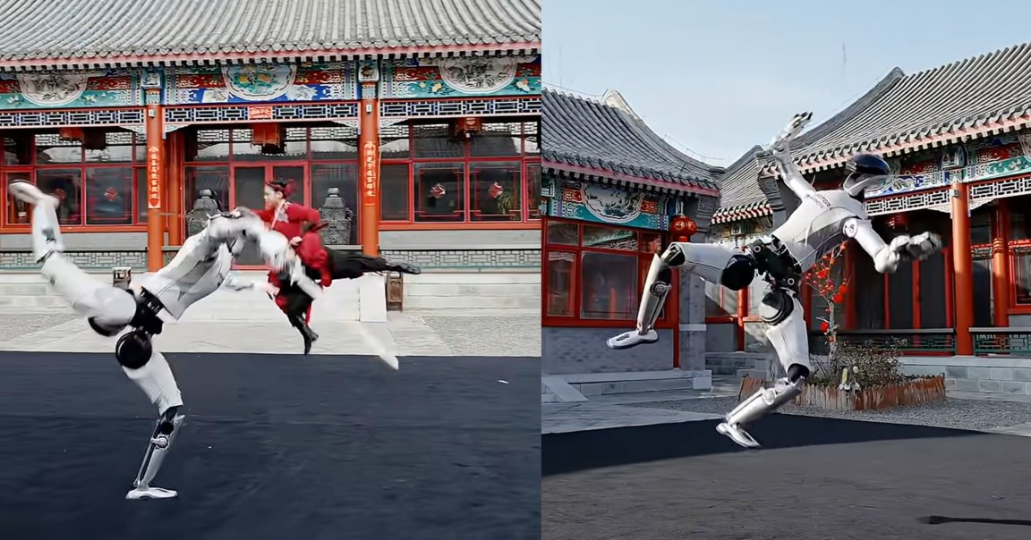 A split image showing a humanoid robot performing martial arts moves in a traditional Chinese courtyard. On the left, the robot is executing a one-handed handstand while a person in red traditional attire performs a flying kick behind it. On the right, the robot is balancing on one leg with its arms raised, appearing to be in mid-motion. The background features ornate red pillars, decorative window frames, and tiled roofs typical of classical Chinese architecture.