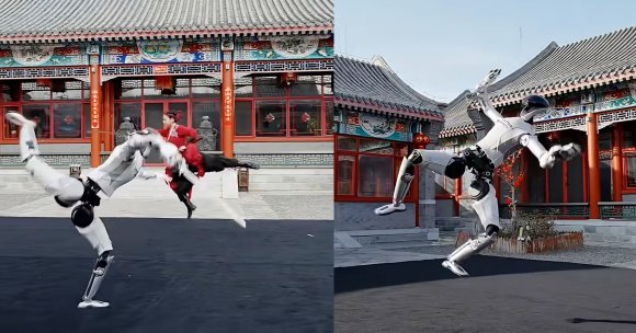 A split image showing a humanoid robot performing martial arts moves in a traditional Chinese courtyard. On the left, the robot is executing a one-handed handstand while a person in red traditional attire performs a flying kick behind it. On the right, the robot is balancing on one leg with its arms raised, appearing to be in mid-motion. The background features ornate red pillars, decorative window frames, and tiled roofs typical of classical Chinese architecture.