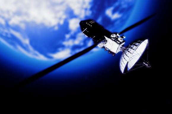 Satellite orbiting Earth with a large parabolic antenna dish and solar panels, set against a backdrop of the planet's blue atmosphere and clouds.