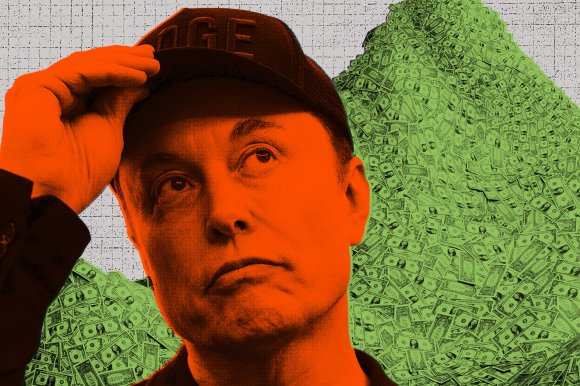 A digitally edited portrait of Elon Musk wearing a cap, with his face and hand colored in bright orange. Behind him is a large pile of green dollar bills, set against a textured, light gray background. Musk appears to be adjusting his cap with a contemplative expression.