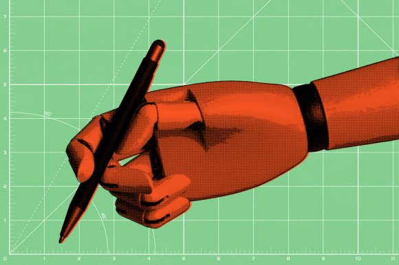 A red robotic hand holding a black pen against a green cutting mat with white grid lines and measurement markings. The hand is positioned as if ready to write or draw.