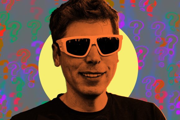 A stylized portrait of Sam Altman wearing large, white-framed sunglasses. The image has an orange tint on Altman's face and a bright yellow circular background behind his head. The surrounding background is gray with colorful question marks in red, green, purple, and orange scattered throughout.