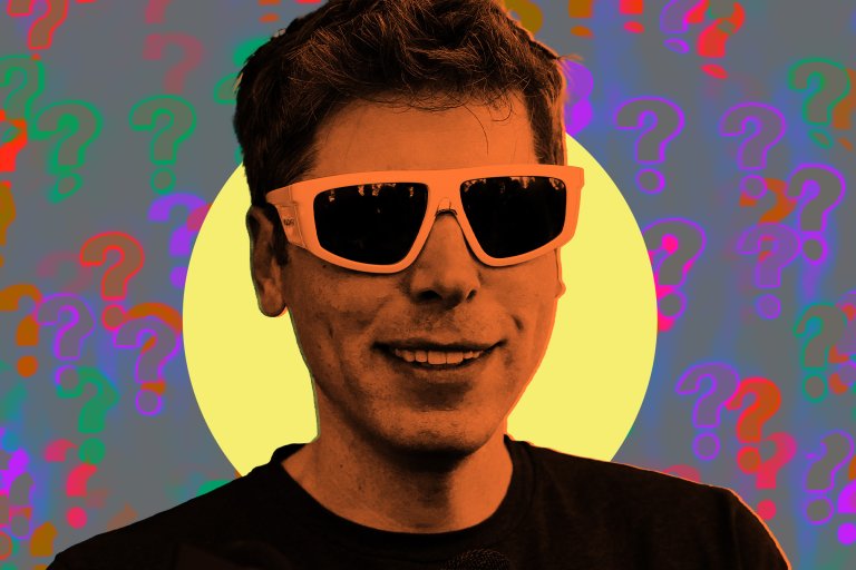 A stylized portrait of Sam Altman wearing large, white-framed sunglasses. The image has an orange tint on Altman's face and a bright yellow circular background behind his head. The surrounding background is gray with colorful question marks in red, green, purple, and orange scattered throughout.