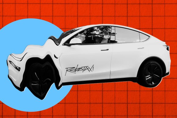 White Tesla with black wheels and "Robotaxi" written on the side, featuring a distorted front end against a red grid background with a blue circle behind the car.