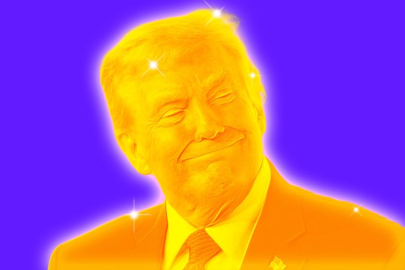A digitally altered portrait of Donald Trump, with a bright gold color overlay, giving a glowing effect. The background is a solid vibrant purple, and there are several white sparkles scattered around the figure, enhancing the radiant appearance.