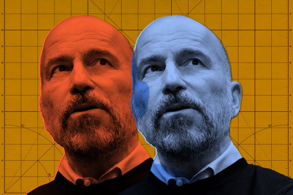 Two overlapping portraits of Uber CEO Dara Khosrowshahi, one tinted red on the left and the other tinted blue on the right, set against an orange background with a grid and measurement markings. He's wearing a collared shirt and a dark sweater, looking slightly upwards and to the right.