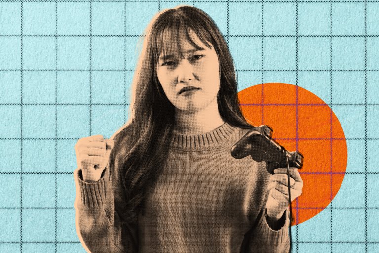 A young woman with long hair and bangs is holding a video game controller in her right hand and has her left hand clenched in a fist. She has a frustrated or upset expression on her face. She is wearing a knitted sweater. The background features a blue grid pattern with an orange circle behind her. The image has a stylized, textured effect.