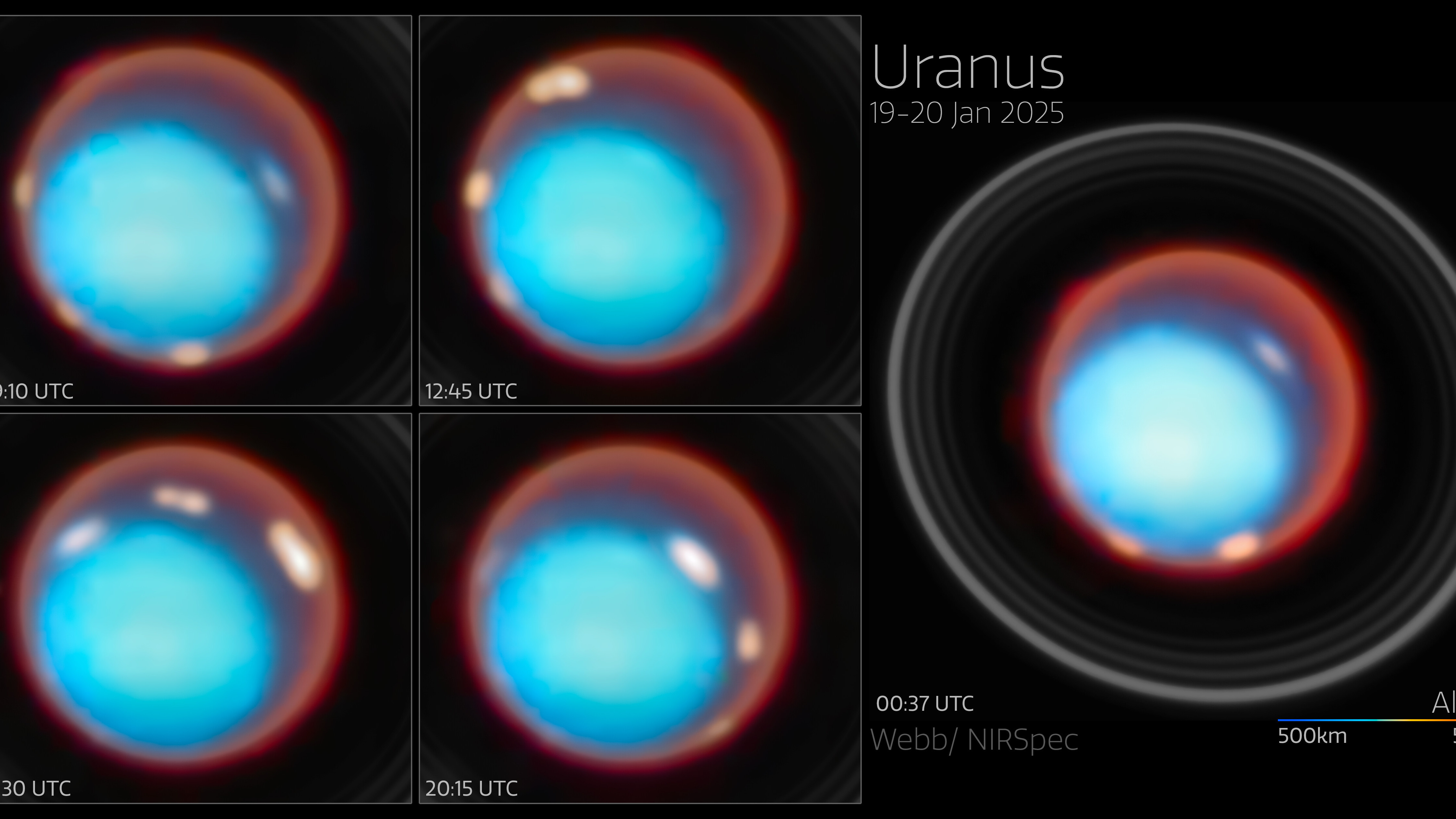 James Webb Takes Long, Hard Look Inside Uranus 1 For the first time, an international team of astronomers have mapped the vertical structure of Uranus’s upper atmosphere, uncovering how temperature and charged particles vary with height across the planet. Using Webb’s NIRSpec instrument, the team detected the faint glow from molecules high above the clouds. These unique data provide the most detailed portrait yet of where the planet’s auroras form, how they are influenced by its unusually tilted magnetic field, and how Uranus’s atmosphere has continued to cool over the past three decades. The results offer a new window into how ice-giant planets distribute energy in their upper layers. Two bright auroral bands were detected near Uranus’s magnetic poles, together with reduced emission and ion density in part of the region between the two bands (a feature likely linked to transitions in magnetic field lines).