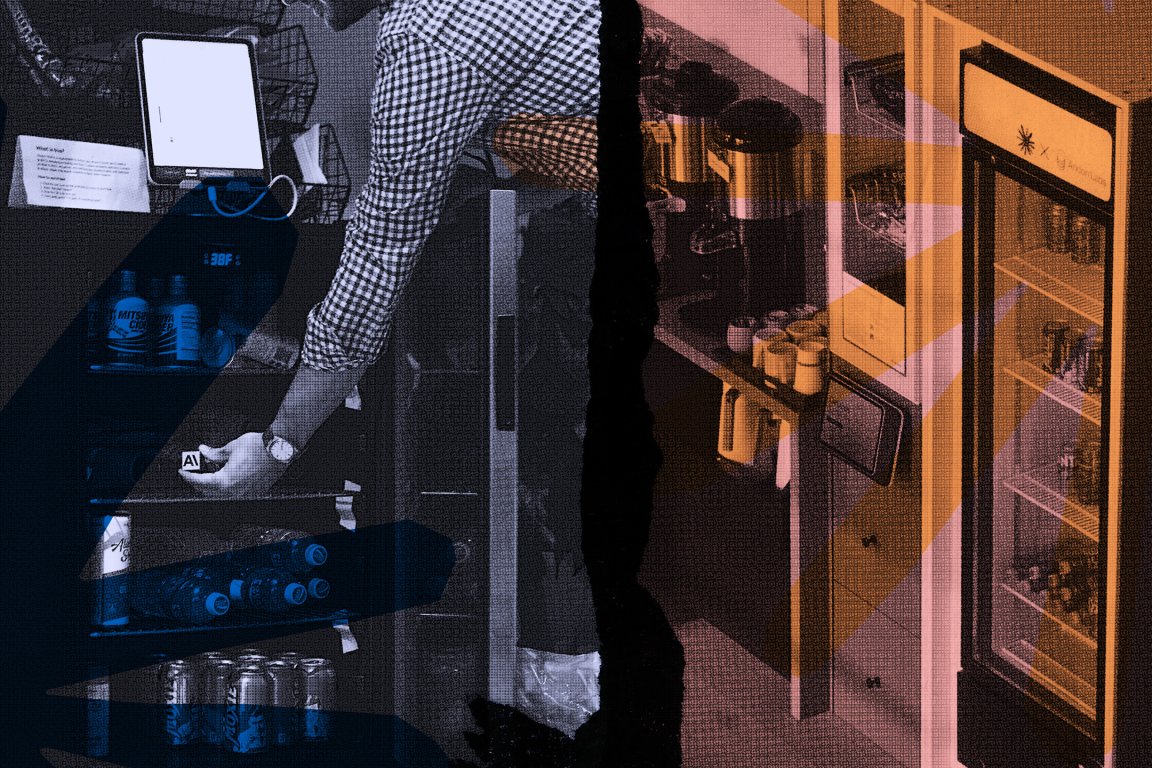 A person wearing a checkered shirt is reaching into a vending machine filled with various bottles and cans. The scene is overlaid with a textured pattern and colored geometric shapes in blue and orange. The right side shows a kitchen or pantry area with shelves holding containers and a beverage fridge with the Anthropic logo.