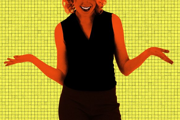 A stylized image of a woman with orange-toned skin and curly hair, wearing a sleeveless black top and dark pants. The person is smiling and has both arms extended outward with palms facing up. The background is yellow with a grid pattern of small black squares.