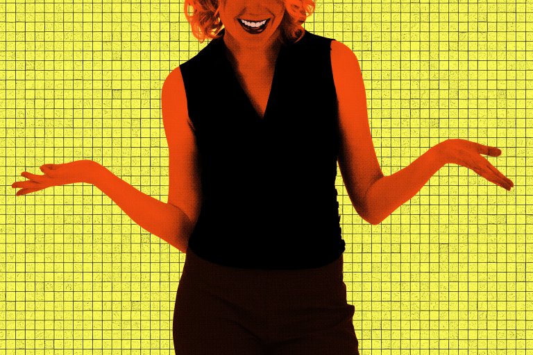 A stylized image of a woman with orange-toned skin and curly hair, wearing a sleeveless black top and dark pants. The person is smiling and has both arms extended outward with palms facing up. The background is yellow with a grid pattern of small black squares.
