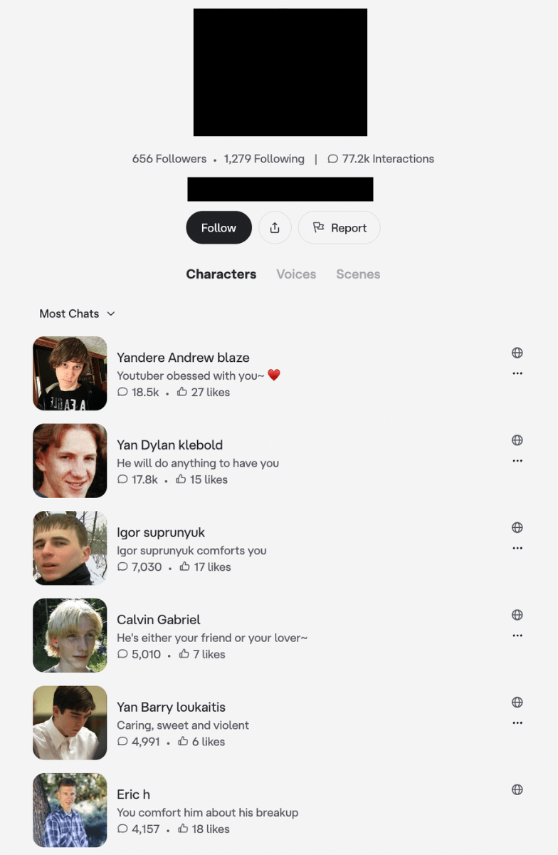 A screenshot of a Character.AI creator profile full of chatbots designed to embody real mass murderers, particularly young school shooters.