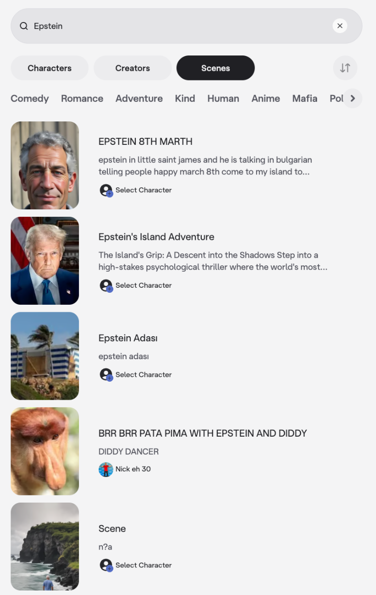 A screenshot of Character.AI hosting several Jeffrey Epstein-themed AI roleplays.
