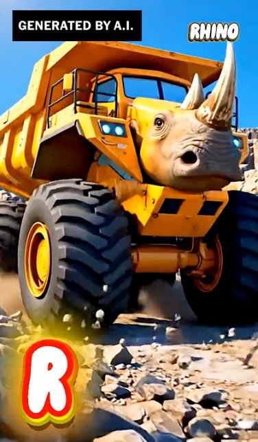 A still from an AI-generated video showing a rhino transformed into a dump truck, which is intended to represent the letter "R" of the alphabet.