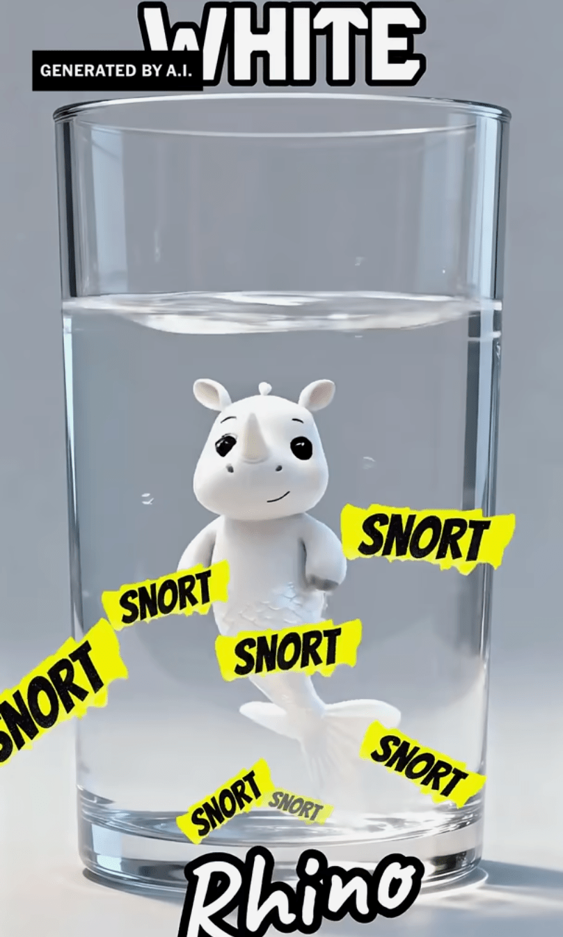 A still from an AI-generated video showing a rhino with a mermaid's tail, which is intended to represent the letter "R" of the alphabet.