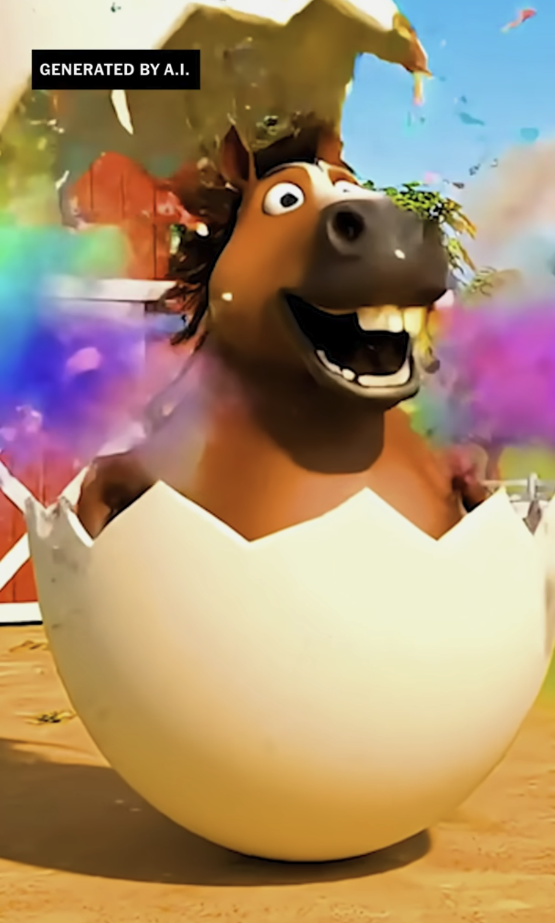 A still from an AI-generated video showing a horse hatching from a large egg.