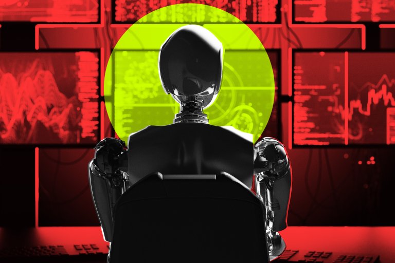 A metallic humanoid robot is seated facing multiple red-lit digital screens displaying data and graphs. A bright yellow-green circular highlight is centered behind the robot's head, emphasizing its focus on the screens. The scene conveys a high-tech, futuristic environment.