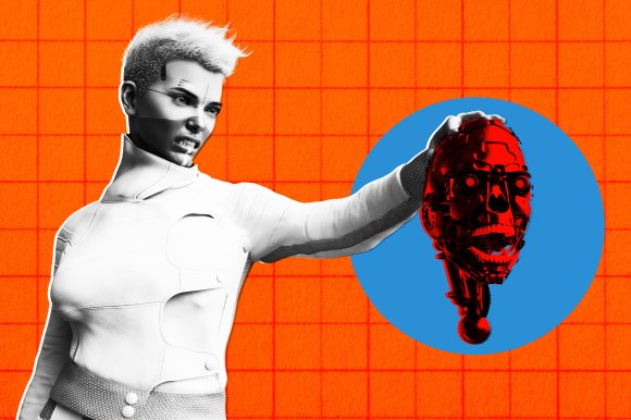 A robot with short, spiky white hair and a white high-collared outfit is gripping the red, mechanical head of another robot. The background is bright orange with a subtle grid pattern, and a blue circle highlights the robot's head. The spiky-haired robot has a determined expression and cybernetic facial markings.