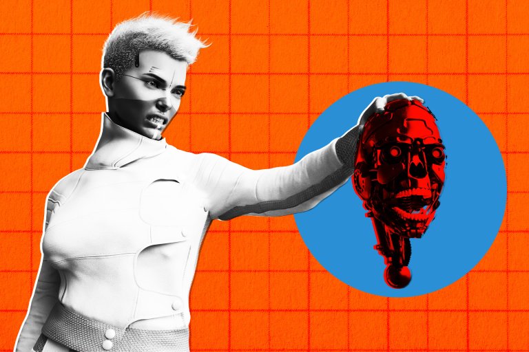 A robot with short, spiky white hair and a white high-collared outfit is gripping the red, mechanical head of another robot. The background is bright orange with a subtle grid pattern, and a blue circle highlights the robot's head. The spiky-haired robot has a determined expression and cybernetic facial markings.