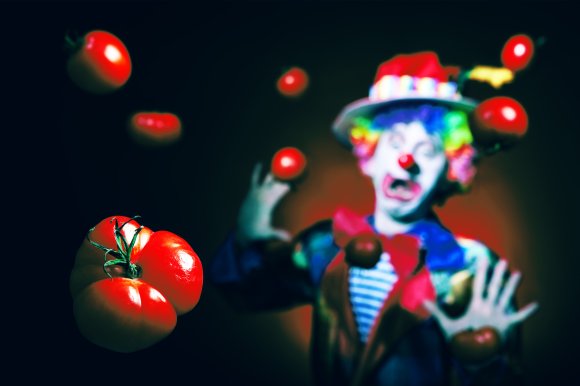A clown with a colorful wig, red nose, and a red hat is reacting with surprise or fear as several red tomatoes are flying toward them. The clown is dressed in a multicolored outfit with a large red bow tie, and the background is dark, emphasizing the bright red tomatoes and the clown's vivid costume.