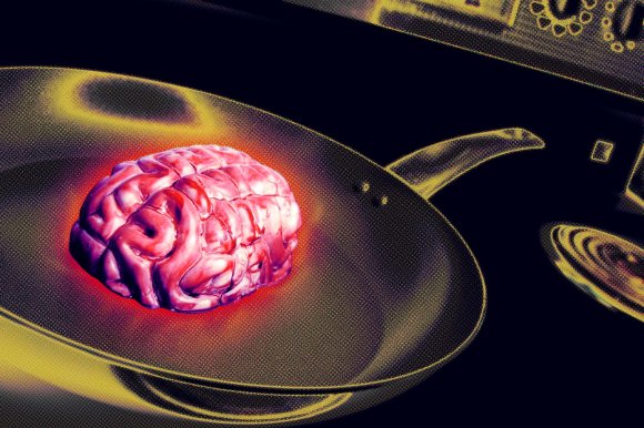 A human brain is placed in a frying pan on a stove, with a red glow around the brain suggesting heat or cooking. The image has a stylized, high-contrast, and slightly grainy effect.