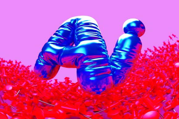 A shiny, metallic blue balloon twisted into the shape of the letters "AI" is floating above a dense surface covered with numerous bright red push pins. The background is a solid light purple color.