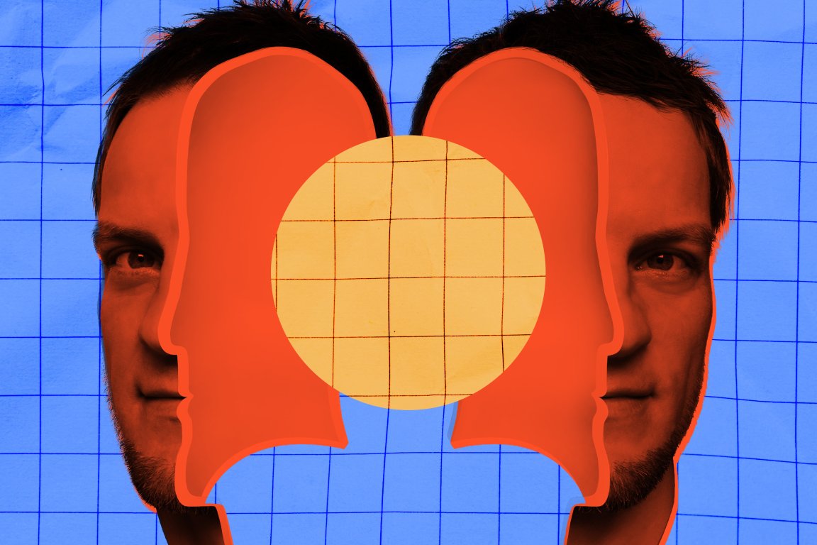 A man's face is shown twice, mirrored on either side of the image, with an overlay of two large, orange, stylized human head silhouettes facing each other in the center. Behind the faces and silhouettes is a blue grid pattern, and a yellow circle with a grid pattern is positioned in the middle of the orange silhouettes. The overall composition combines photographic and graphic elements with a geometric theme.