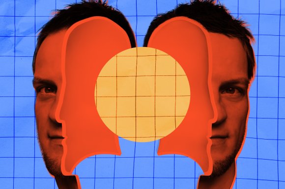 A man's face is shown twice, mirrored on either side of the image, with an overlay of two large, orange, stylized human head silhouettes facing each other in the center. Behind the faces and silhouettes is a blue grid pattern, and a yellow circle with a grid pattern is positioned in the middle of the orange silhouettes. The overall composition combines photographic and graphic elements with a geometric theme.