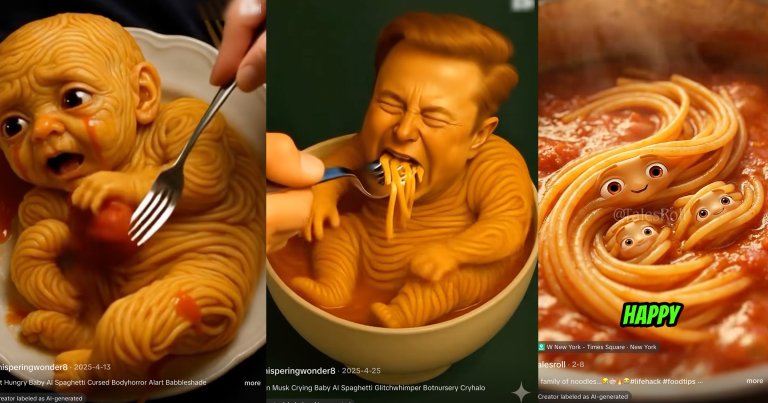 Three surreal images from TikTok of spaghetti-themed characters in tomato sauce: on the left, a baby made of spaghetti with a distressed expression being poked with a fork; in the center, a man with a spaghetti body eating spaghetti from a bowl; on the right, a happy family of three smiling spaghetti noodles nestled in tomato sauce.