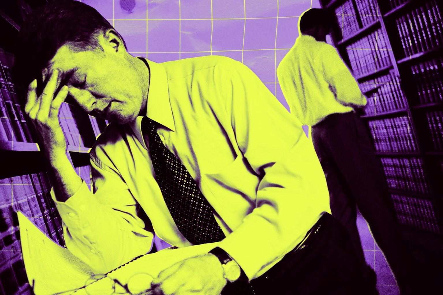 A man in a dress shirt and tie is sitting and holding his head in his hand, appearing stressed or deep in thought, while looking at an open binder. Another man in similar attire is standing in the background, browsing books on a shelf in a library or office setting. The image has a high-contrast, stylized color effect with yellow and purple tones.