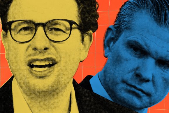 Dario Amodei and Pete Hegseth are shown in a stylized illustration. The background is bright orange with a white grid pattern.