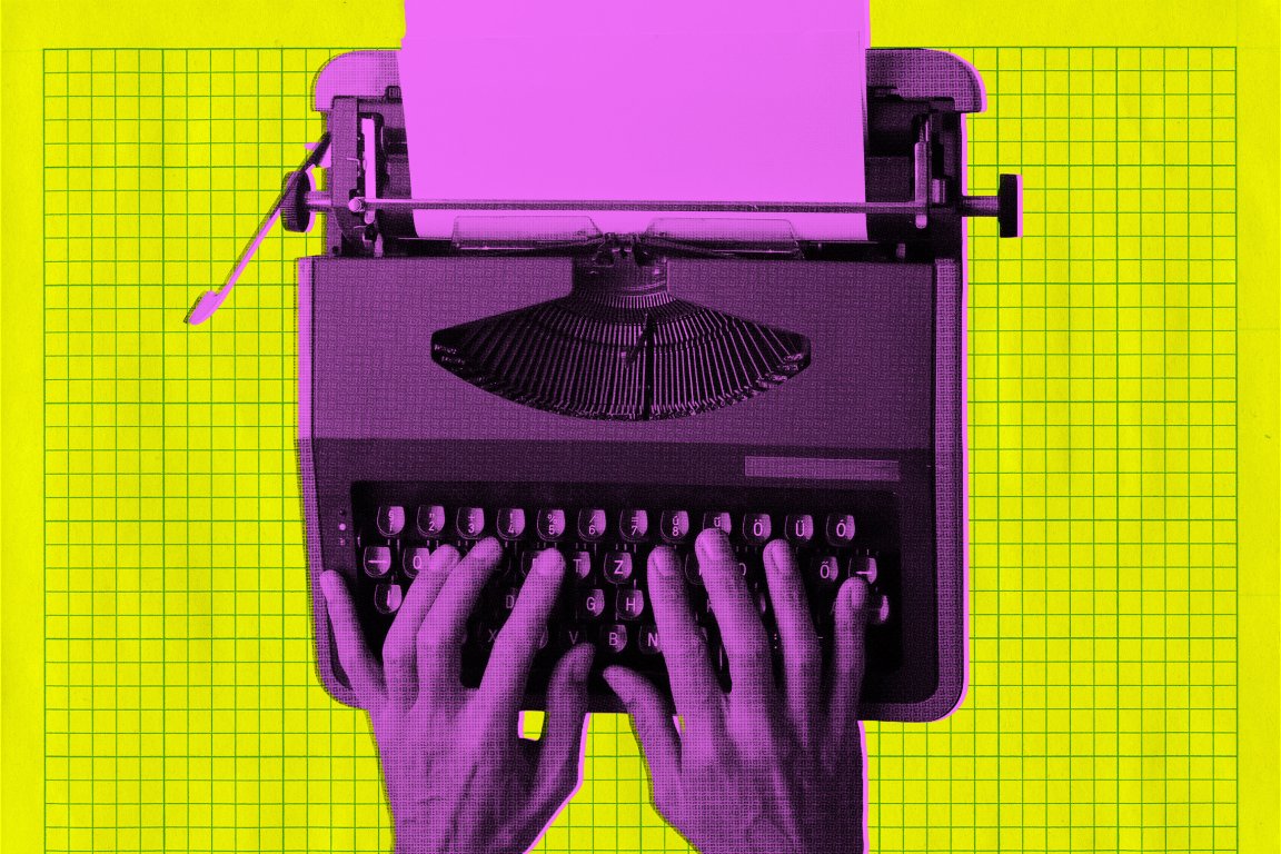 Hands typing on a vintage typewriter with a blank sheet of paper, shown from above. The image has a pop art style with the typewriter and hands in purple and the background in bright yellow with a green grid pattern.