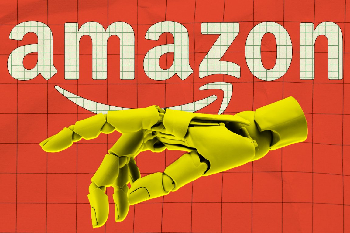 A yellow robotic hand is pointing forward against a red background with a grid pattern. Behind the hand is the word "Amazon" in large, white, grid-patterned letters with the Amazon smile logo underneath.