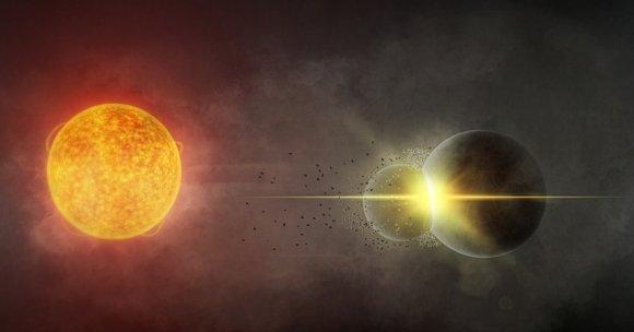A bright yellow star on the left side emits light and heat, illuminating two planets on the right. The larger planet is cracked and dark, partially illuminated by a bright yellow light where it appears to be colliding with a smaller planet that is breaking apart into debris. The background is dark and smoky, emphasizing the dramatic cosmic collision.