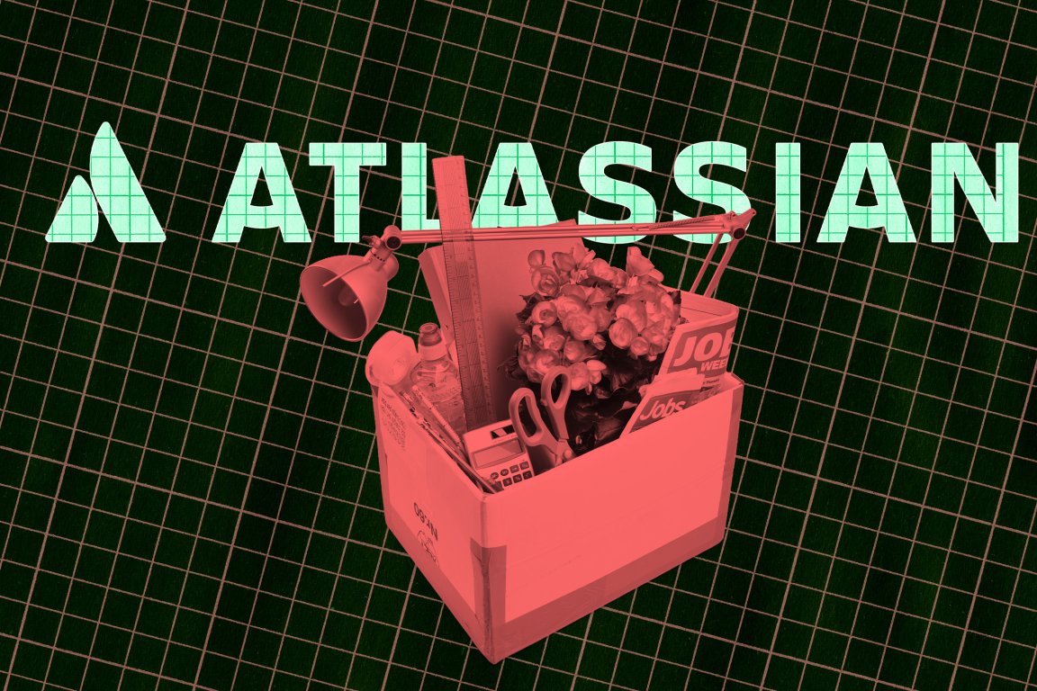 A cardboard box filled with office items including a desk lamp, a ruler, scissors, a calculator, a water bottle, a bouquet of flowers, and newspapers with "Jobs" visible. The background features a grid pattern with the word "ATLASSIAN" prominently displayed in large, light green letters.