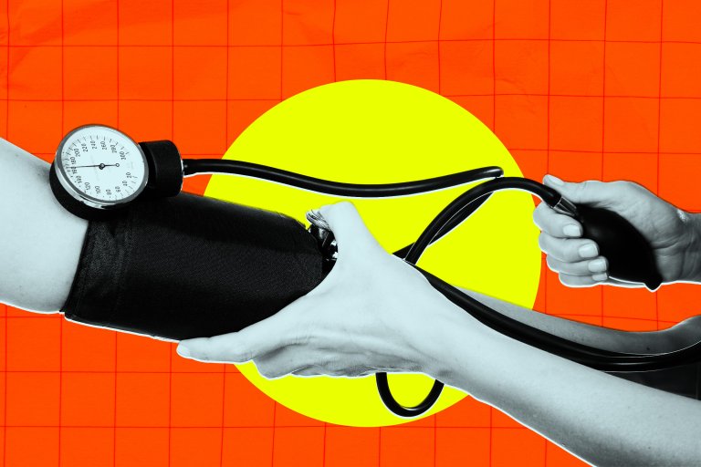 A close-up of a blood pressure measurement being taken on an arm. One hand holds the black cuff wrapped around the arm, while the other hand squeezes the black rubber bulb to inflate the cuff. The background features a bright orange grid pattern with a large yellow circle in the center. The image has a high-contrast, stylized look with the hands and arm in grayscale.