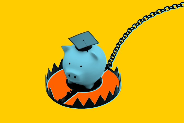 A blue piggy bank wearing a black graduation cap is caught in a black and orange bear trap with a chain attached, set against a bright yellow background.