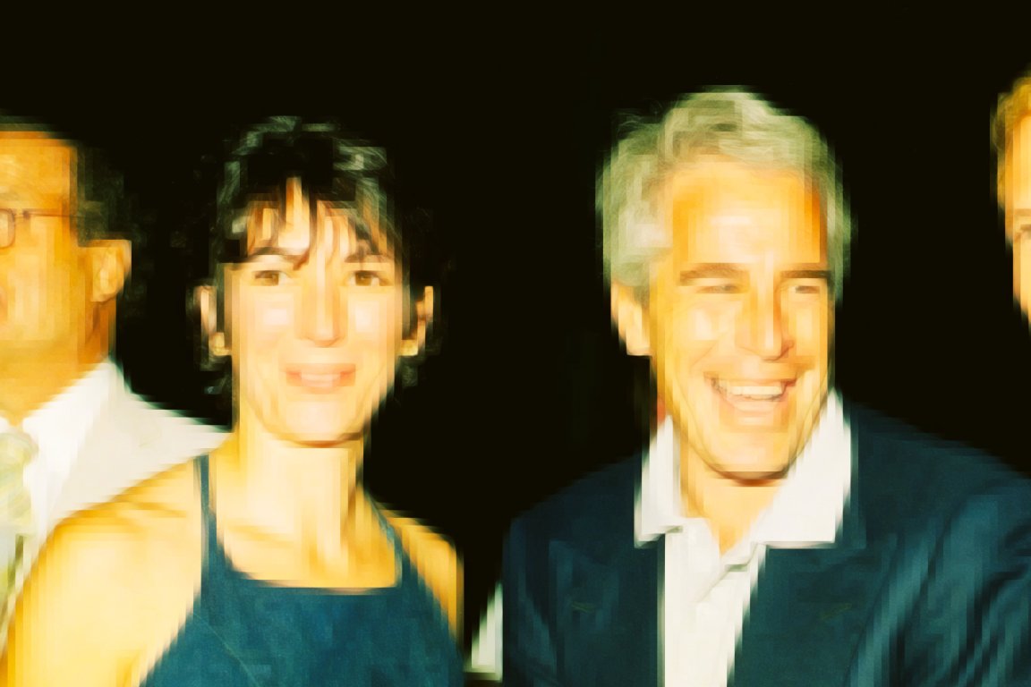 Jeffrey Epstein and Ghislaine Maxwell are shown in a distorted digital style.