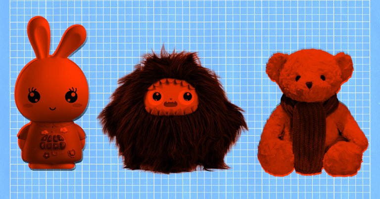 A cute orange bunny toy with big eyes and buttons on its body, a fluffy monster-like creature with a round face and big eyes surrounded by dark fur, and a soft teddy bear wearing a knitted scarf, all set against a blue grid background.