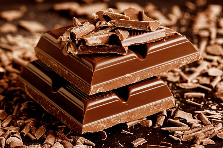 Two stacked pieces of milk chocolate bars with broken chocolate pieces on top, surrounded by chocolate shavings on a dark surface.