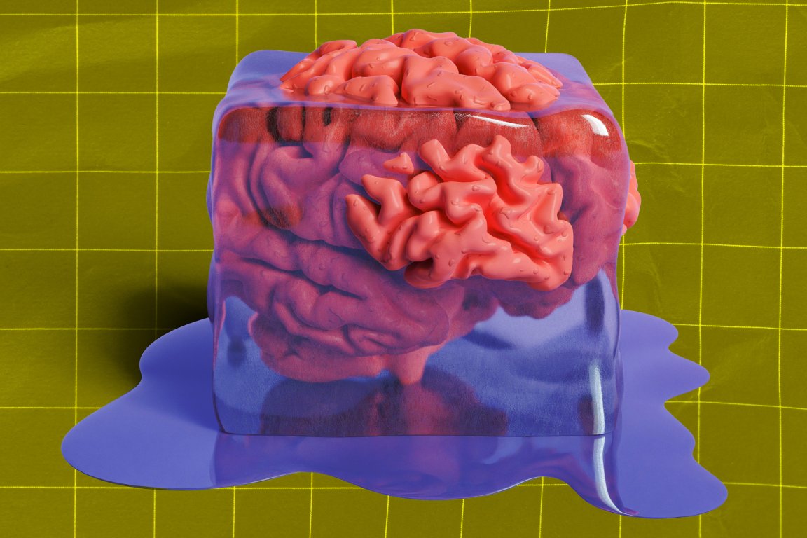 An illustration of a pink human brain encased in a melting translucent blue ice cube, placed on a yellow grid-patterned surface. The ice cube is partially melted, with blue liquid pooling around its base.