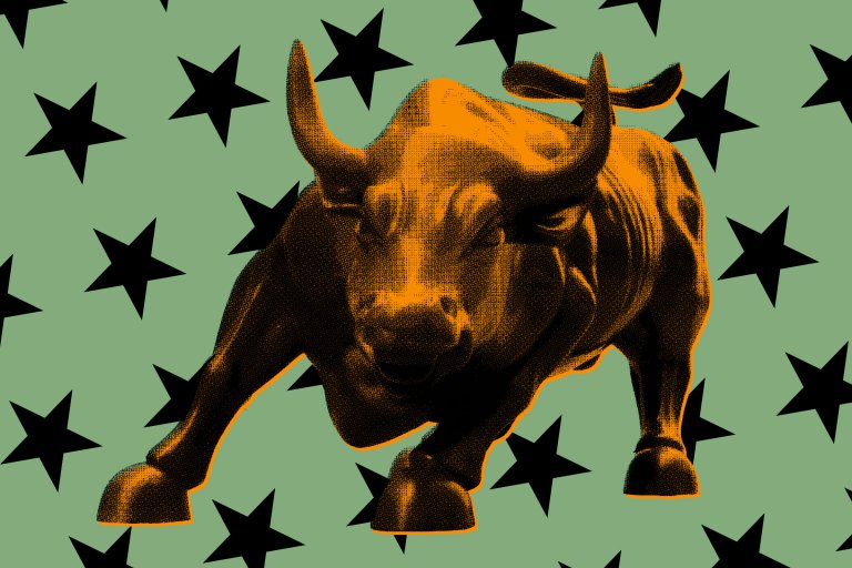 A stylized image of the Wall Street bull, colored in orange and black with a halftone texture. The background is green with scattered black stars. The bull is outlined with a thin orange glow, creating a striking contrast against the background.