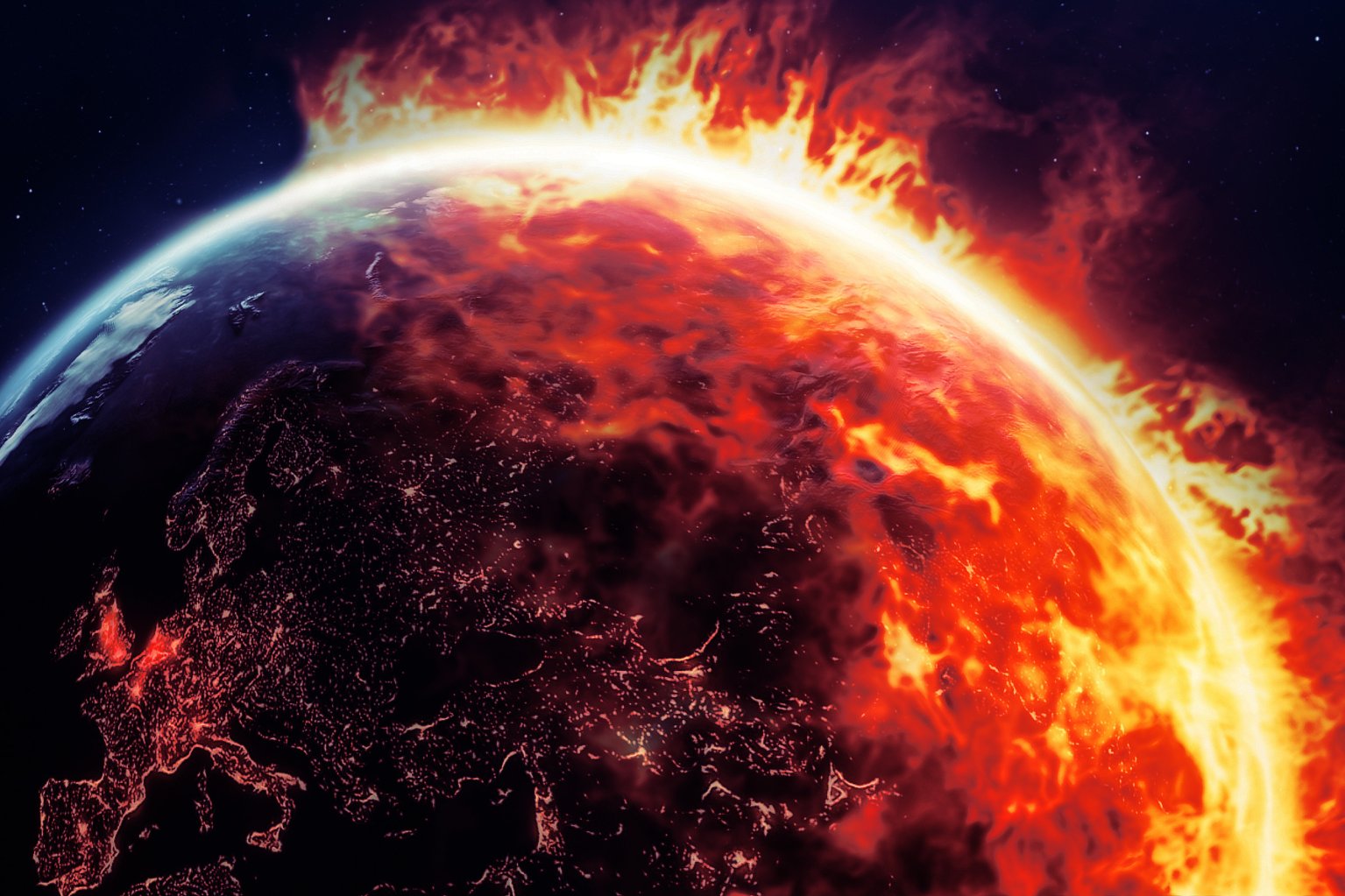 A view of Earth from space showing a fiery, molten surface engulfing much of the planet, with intense flames and glowing lava-like textures predominantly on the right side, contrasting with the dark, cooler regions on the left. The image depicts a dramatic, apocalyptic scene with the planet partially consumed by fire.